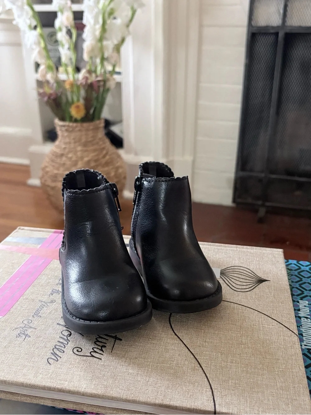 Old Navy Kids Black Ankle Boots with Scalloped Trim